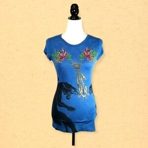 Christian Audigier Women's Black Panther and Bird of Paradise T-Shirt Size M